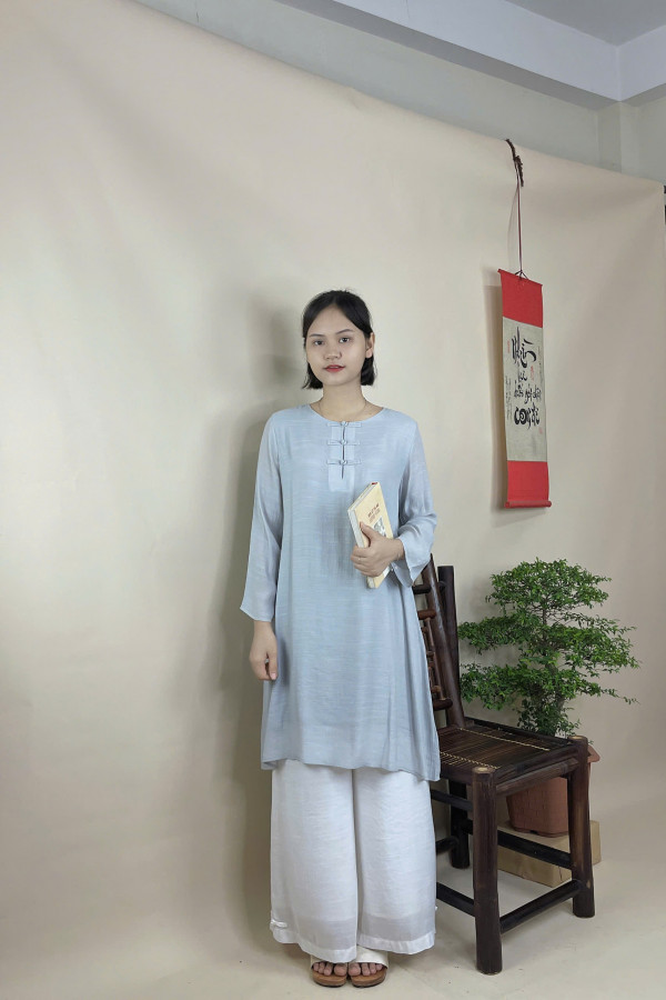 Bộ quần áo đi lễ chùa, áo lam đi chùa, trang phục đi chùa nữ, vải tơ đũi, cổ tròn, nút vải, tà dài, màu trắng, lam, hồng, nâu sữa, size S M L XL 2 XL hàng cao cấp, may theo yêu cầu - Tâm Cát Tường