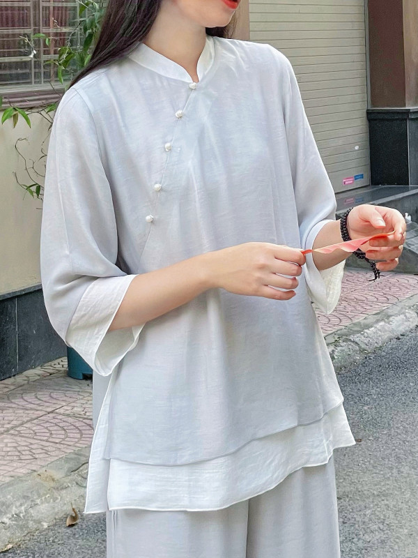 Bộ quần áo đi lễ chùa, áo lam đi chùa, trang phục đi chùa, ngồi thiền, nữ, vải tơ đũi cao cấp, màu trắng, nâu, size S M L XL 2 XL may theo yêu cầu - An Thanh Tuyền