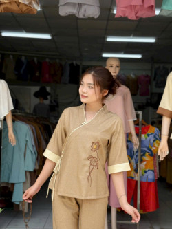 Bộ Quần Áo, Pháp Phục Đi Chùa – Nút Bọc Thêu Sen - Size S,M,L,XL