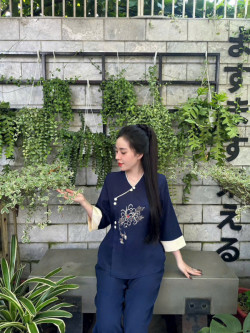 Bộ Pháp Phục, Đồ Lam Đi Chùa Nữ - Lụa Hàn, Size S,M,L,XL