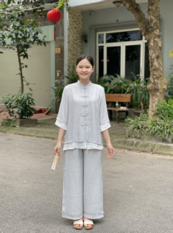 Bộ quần áo đi lễ chùa, áo lam đi chùa, trang phục đi chùa nữ, vải tơ đũi, cổ tàu 2 lớp, màu trắng, lam, hồng, nâu sữa, size S M L XL 2 XL hàng cao cấp, may theo yêu cầu - An Hương Chi