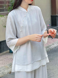 Bộ quần áo đi lễ chùa, áo lam đi chùa, trang phục đi chùa, ngồi thiền, nữ, vải tơ đũi cao cấp, màu trắng, nâu, size S M L XL 2 XL may theo yêu cầu - An Thanh Tuyền