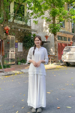 Bộ quần áo đi lễ chùa, áo lam đi chùa, trang phục đi chùa, ngồi thiền, nữ, vải đũi cao cấp, màu trắng, nâu, size S M L XL 2 XL may theo yêu cầu. Bộ Tâm Vân Trang