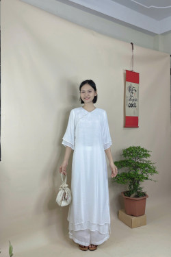 Bộ quần áo đi lễ chùa, áo lam đi chùa, trang phục đi chùa nữ, vải tơ đũi, cổ V, áo dài cổ lé nút ngọc, 2 tà, màu nâu, hồng, lam, size S M L XL 2 XL hàng cao cấp, may theo yêu cầu - Tiên Cô Hạ Sơn