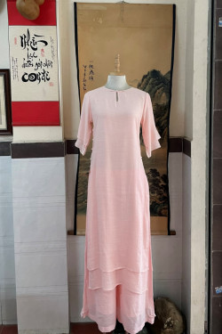 Bộ quần áo đi lễ chùa, áo lam đi chùa, trang phục đi chùa nữ, vải tơ đũi, cổ V, áo dài cổ tròn, 2 tà, màu nâu, hồng, lam, size S M L XL 2 XL hàng cao cấp, may theo yêu cầu - Cô Tiên Quá Hải