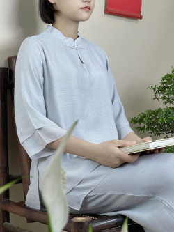 Bộ quần áo đi lễ chùa, áo lam đi chùa, trang phục đi chùa, ngồi thiền, nữ, vải đũi cao cấp, màu trắng, nâu, size S M L XL 2 XL may theo yêu cầu. Bộ An Nhật Nguyệt