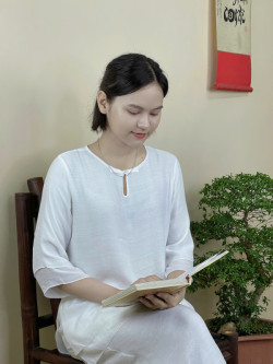 Bộ quần áo đi lễ chùa, áo lam đi chùa, trang phục đi chùa, ngồi thiền, nữ, vải đũi cao cấp, màu trắng, nâu, size S M L XL 2 XL may theo yêu cầu. Bộ Tâm Thu Nguyệt