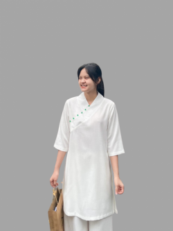 Bộ quần áo đi lễ chùa, áo lam đi chùa, trang phục đi chùa nữ, vải đũi, cổ nhật nút ngọc, tà dài, màu nâu, hồng, lam, size S M L XL 2 XL hàng cao cấp, may theo yêu cầu - Ngọc Minh tà lỡ