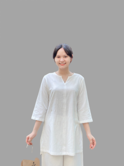 Bộ quần áo đi lễ chùa, áo lam đi chùa, trang phục đi chùa nữ, vải đũi, cổ tròn khoét chữ V, tà dài, màu nâu, hồng, lam, size S M L XL 2 XL hàng cao cấp, may theo yêu cầu - Cúc Họa Mi