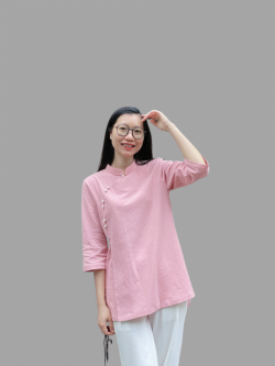 Bộ quần áo đi lễ chùa, áo lam đi chùa, trang phục đi chùa nữ, vải đũi, cổ cao nút ngọc, tà dài, màu trắng, nâu, ghi, lam, size S M L XL 2 XL hàng cao cấp, may theo yêu cầu - An Trúc Ngọc