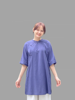 Bộ quần áo đi lễ chùa, áo lam đi chùa, trang phục đi chùa nữ, vải đũi, cổ cao 7 nút vài, tà dài, màu trắng, nâu, ghi, lam, size S M L XL 2 XL hàng cao cấp, may theo yêu cầu -  An Thuỳ Trang