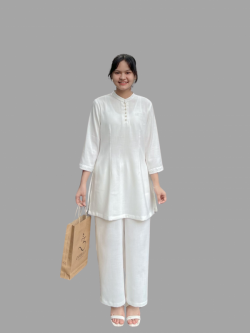 Bộ quần áo đi lễ chùa, áo lam đi chùa, trang phục đi chùa nữ, vải đũi, cổ cao nút ngọc, tà dài, màu trắng, nâu, ghi, lam, size S M L XL 2 XL hàng cao cấp, may theo yêu cầu -  An Bảo Ngọc