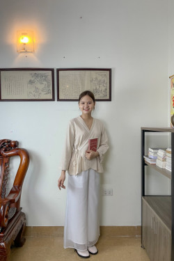 Bộ quần áo đi lễ chùa, áo lam đi chùa, trang phục đi chùa, ngồi thiền, nữ, vải đũi cao cấp, màu trắng, nâu, size S M L XL 2 XL may theo yêu cầu - Đan Thanh