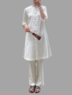 Bộ quần áo đi lễ chùa, áo lam đi chùa, trang phục đi chùa nữ, vải đũi, cổ cao, tà dài, màu trắng, nâu, ghi, lam, size S M L XL 2 XL hàng cao cấp, may theo yêu cầu - An Trang Nhã