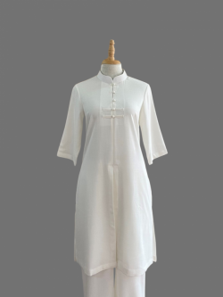 Bộ quần áo đi lễ chùa, áo lam đi chùa, trang phục đi chùa nữ, vải đũi, cổ cao, 3 tà, màu trắng, nâu, ghi, lam, size S M L XL 2 XL hàng cao cấp, may theo yêu cầu - An Uyển Nhiên