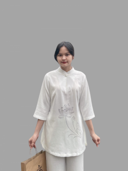 Bộ quần áo đi lễ chùa, áo lam đi chùa, trang phục đi chùa nữ, vải đũi, cổ cao, vẽ hoa sen, màu trắng, nâu, ghi, lam, size S M L XL 2 XL hàng cao cấp, may theo yêu cầu - An Nhã Lương